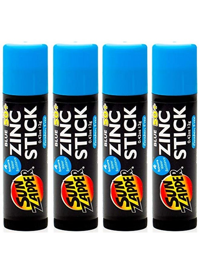 Sun Zapper Zinc Stick Mineral Sunscreen Blue SPF 50+ Water Resistant for Face & Body, Adults, Kids, 4-Pack Broad Spectrum Sun Block, Made in Australia