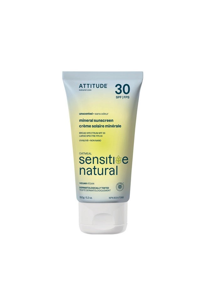 ATTITUDE Mineral Sunscreen for Sensitive Skin, EWG Verified, Broad Spectrum UVA/UVB, Dermatologically Tested, Plant and Mineral-Based Formula, Vegan, SPF 30, Unscented, 5.2 Oz