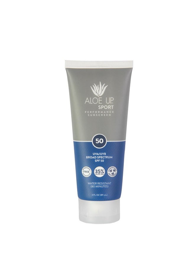 Aloe Up Sport Sunscreen Lotion SPF 50 - Broad Spectrum UVA/UVB Sunscreen Protector for Face and Body - With Hydrating Aloe Vera Gel - Non-Greasy - No White Cast - Reef Safe - Fragrance-Free - 3 Oz