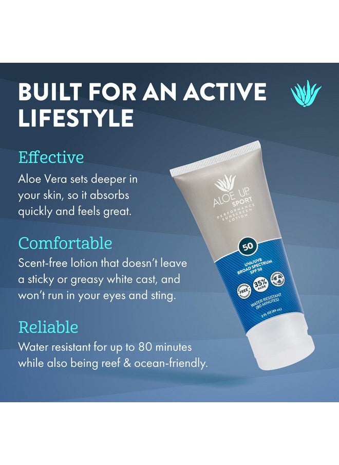 Aloe Up Sport Sunscreen Lotion SPF 50 - Broad Spectrum UVA/UVB Sunscreen Protector for Face and Body - With Hydrating Aloe Vera Gel - Non-Greasy - No White Cast - Reef Safe - Fragrance-Free - 3 Oz
