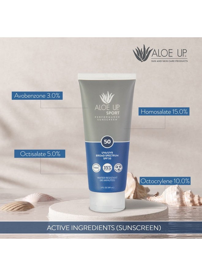Aloe Up Sport Sunscreen Lotion SPF 50 - Broad Spectrum UVA/UVB Sunscreen Protector for Face and Body - With Hydrating Aloe Vera Gel - Non-Greasy - No White Cast - Reef Safe - Fragrance-Free - 3 Oz