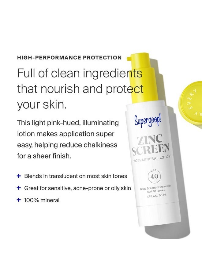 Supergoop! Zincscreen - 1.7 fl oz, Pack of 2 - SPF 40 PA+++ 100% Mineral Face Lotion & Broad Spectrum Sunscreen - Lightweight, Blendable Formula with Pink Hue