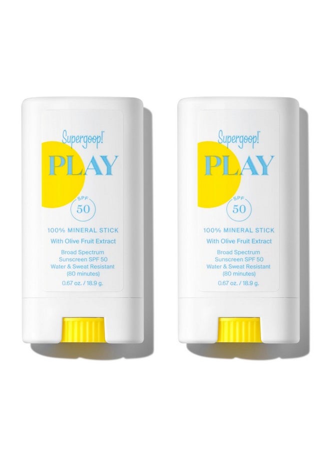 Supergoop! PLAY 100% Mineral Stick SPF 50 - Pack of 2, 0.67 oz - On-the-Go Broad Spectrum Face Sunscreen For Sensitive Skin - Water Resistant - Vegan - Clean ingredients