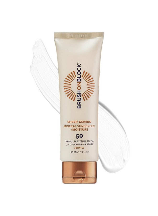 Brush On Block Sheer Genius Mineral Sunscreen plus Moisturizer, SPF 50, UVA/UVB & Blue Light Protection with Hyaluronic Acid, Goes on Sheer, No Residue, Reef Friendly, Vegan, Translucent, 1.7 oz