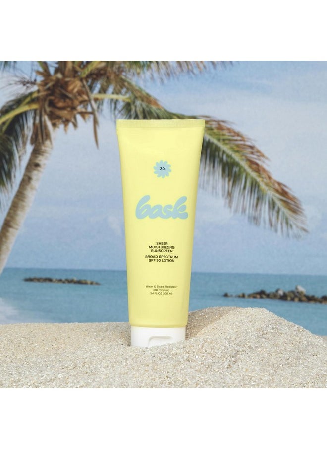 Bask Suncare SPF 30 Sheer Moisturizing Sunscreen Lotion - Broad Spectrum UVA/UVB Protection, Dermatologist Recommended, Hydrating, Lightweight & Fast Absorbing, No White Cast, Travel Size, 3.4 fl oz