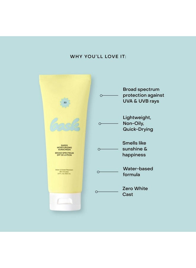 Bask Suncare SPF 30 Sheer Moisturizing Sunscreen Lotion - Broad Spectrum UVA/UVB Protection, Dermatologist Recommended, Hydrating, Lightweight & Fast Absorbing, No White Cast, Travel Size, 3.4 fl oz