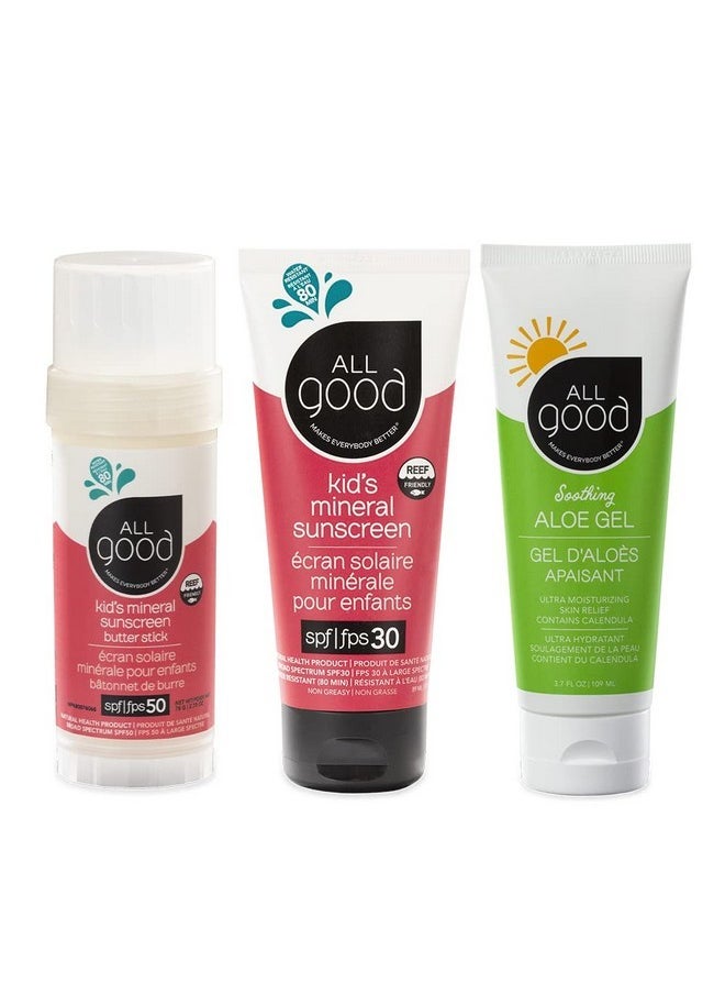 All Good Kids & Baby Mineral Sunscreen & Aloe Gel Bundle - UVA/UVB Broad Spectrum, Water Resistant, Zinc Oxide - Includes (1) SPF 50 Butter Stick, (1) SPF 30 Lotion, & (1) Aloe Gel