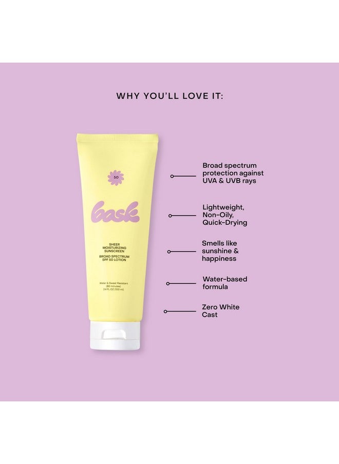 Bask Suncare SPF 50 Sheer Moisturizing Sunscreen Lotion - Broad Spectrum UVA/UVB Protection, Dermatologist Recommended, Hydrating, Lightweight & Fast Absorbing, No White Cast, Travel Size, 3.4 fl oz