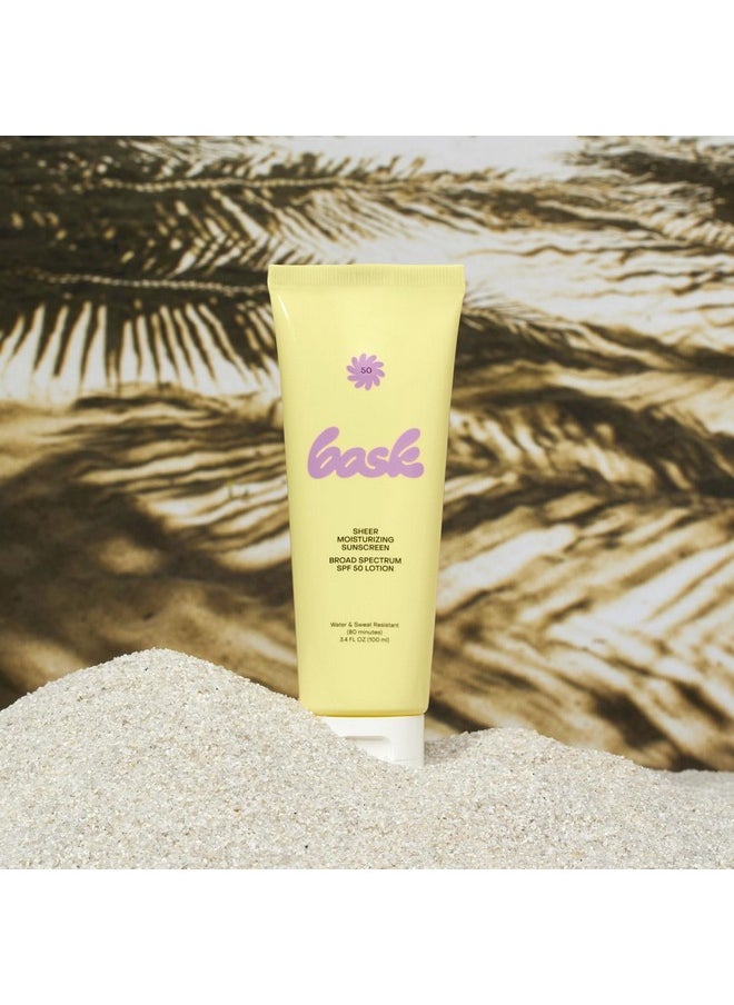Bask Suncare SPF 50 Sheer Moisturizing Sunscreen Lotion - Broad Spectrum UVA/UVB Protection, Dermatologist Recommended, Hydrating, Lightweight & Fast Absorbing, No White Cast, Travel Size, 3.4 fl oz