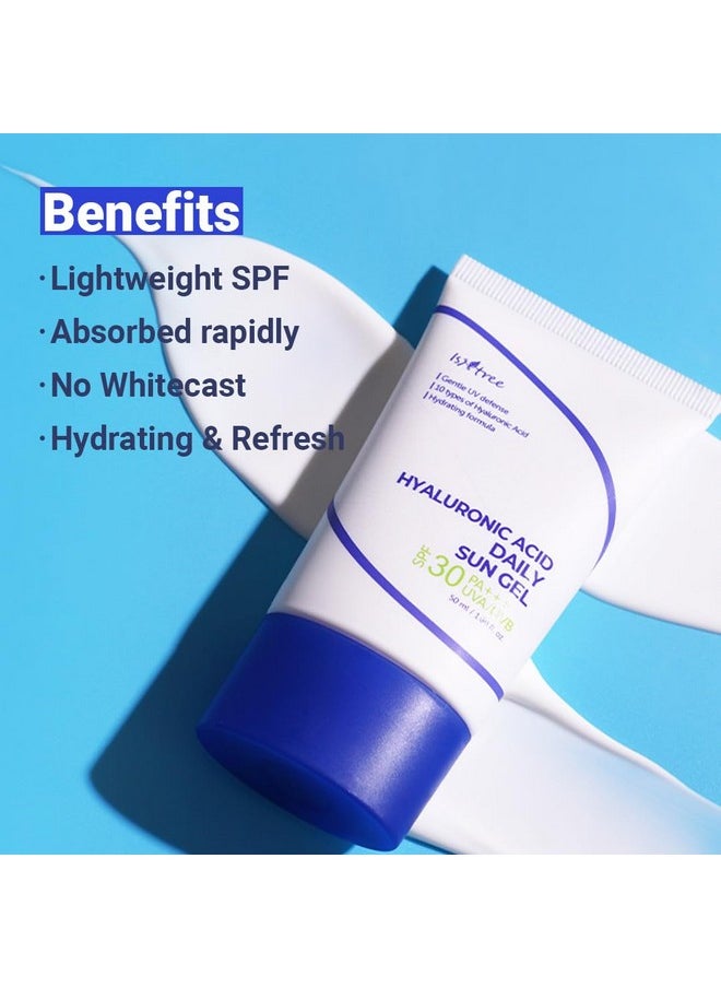 ISNTREE Hyaluronic Acid Daily Sun Gel 50ml, 1.69 fl oz | SPF 30 | Moisturizing Sunscreen | No White Cast | Lightweight | Mild Formula | Korean Skincare