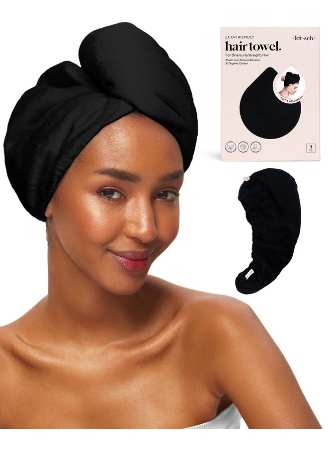 Kitsch Microfiber Hair Towel Wrap for Women - Microfiber Towel, Super Absorbent, Quick Dry, Anti-Frizz - for Long and Short Hairs, Turbans for Women, Hair Wrap - Black
