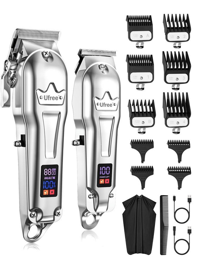 Ufree Professional Hair Clippers for Men, Cordless Metal Barber Clippers and Trimmers Set, Clippers for Hair Cutting Kit with LCD Display, Zero Gap T-Blade Beard Hair Trimmer, Gifts for Men, Silver
