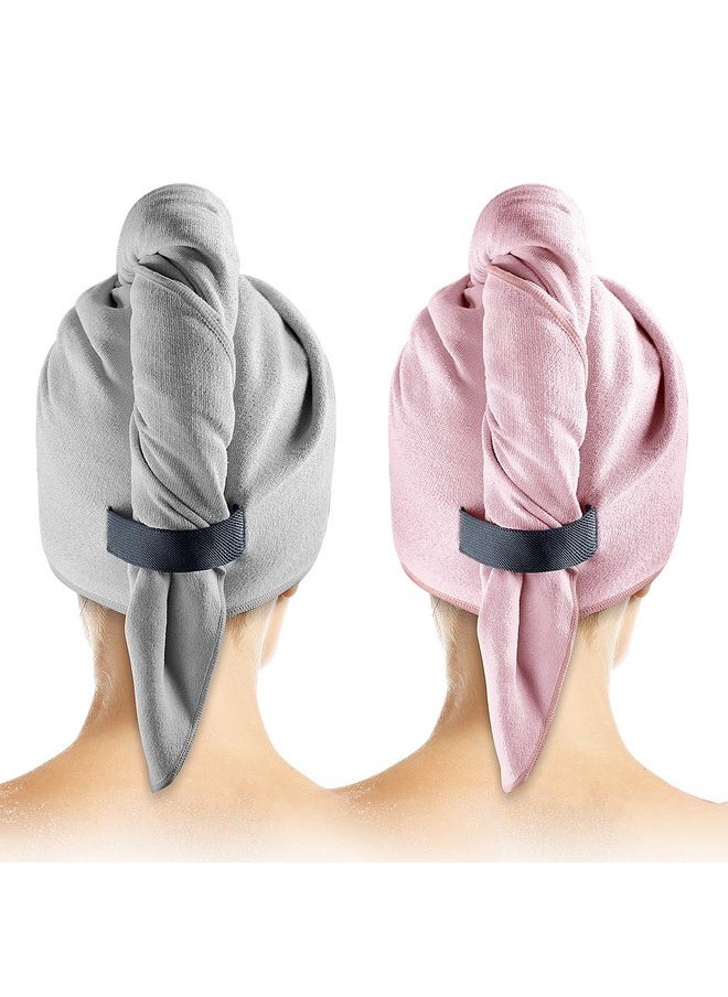 2 Pack Microfiber Hair Towel Wrap for Women - Hair Wrap Towels - Plopping Towel Curly Hair Turban Drying with Elastic Band, Thick, Super-Absorbent, Safe and Hygienic Without Odor (Gray & Pink)
