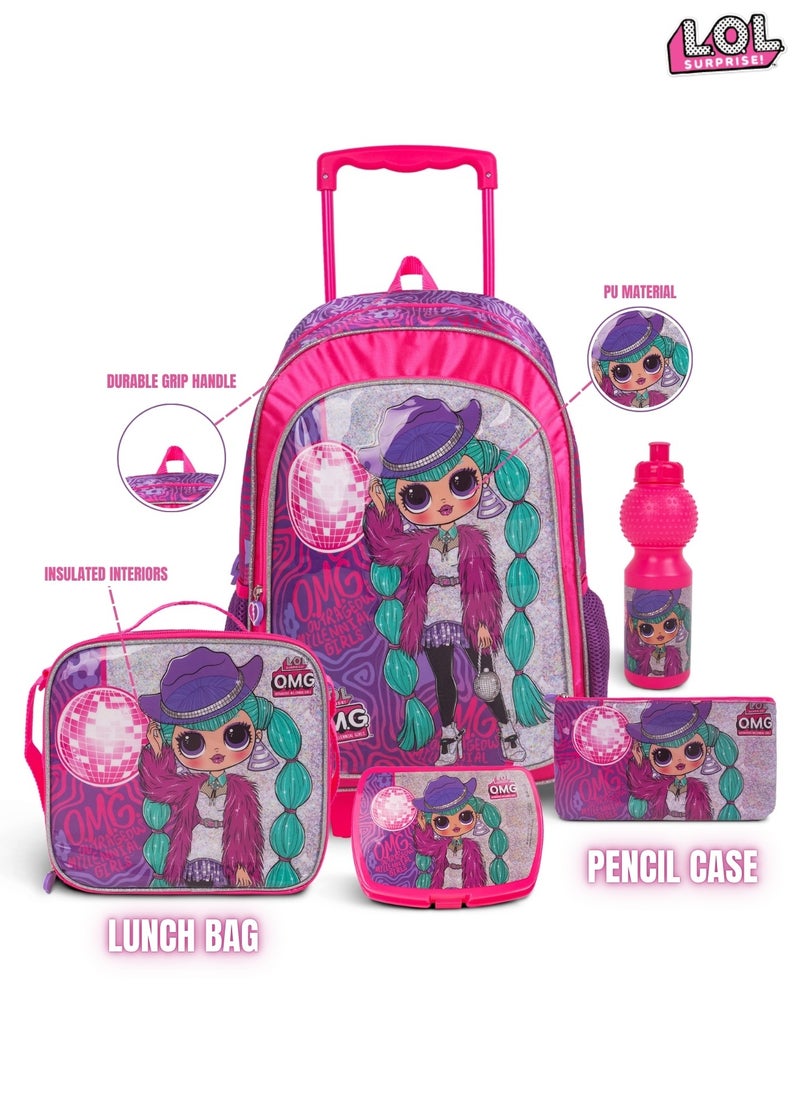 LOL OMG 5-in-1 Trolley School Bag Set - Ergonomic Backpack, Water Bottle, Lunch Box, Insulated Bag & Pencil Case, Lightweight & Durable, for Girls 6+, Perfect for School & Travel