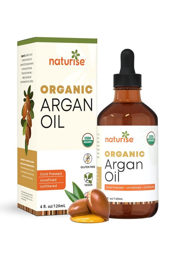 Naturise Organic Argan Oil - Organic Argan Oil Cold Pressed Argan Oil of Morocco - Vegan Non-GMO Gluten Free Argan Oil for Hair Growth and Skin Moisture - 100% Pure Moroccan Oil Hair Oil (4 fl. oz.)
