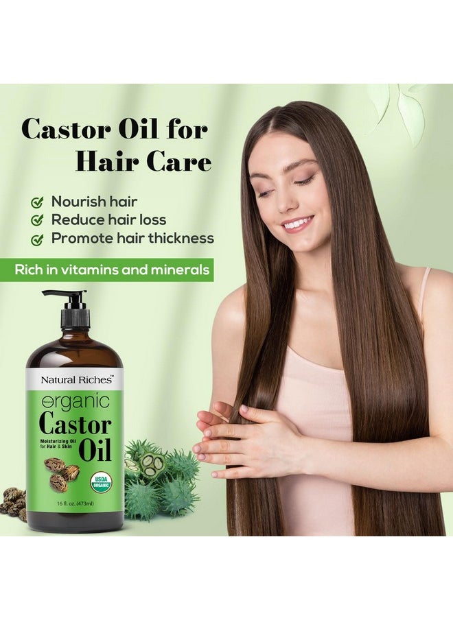 Natural Riches Organic Unrefined Castor Oil Cold pressed Glass Bottle USDA certified for Dry Skin Hair Loss Dandruff Thicker Hair - Moisturizes heals Scalp Skin Thicker Eyelashes Eyebrows 16 fl oz