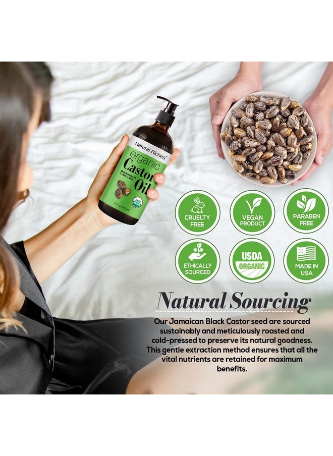 Natural Riches Organic Unrefined Castor Oil Cold pressed Glass Bottle USDA certified for Dry Skin Hair Loss Dandruff Thicker Hair - Moisturizes heals Scalp Skin Thicker Eyelashes Eyebrows 16 fl oz