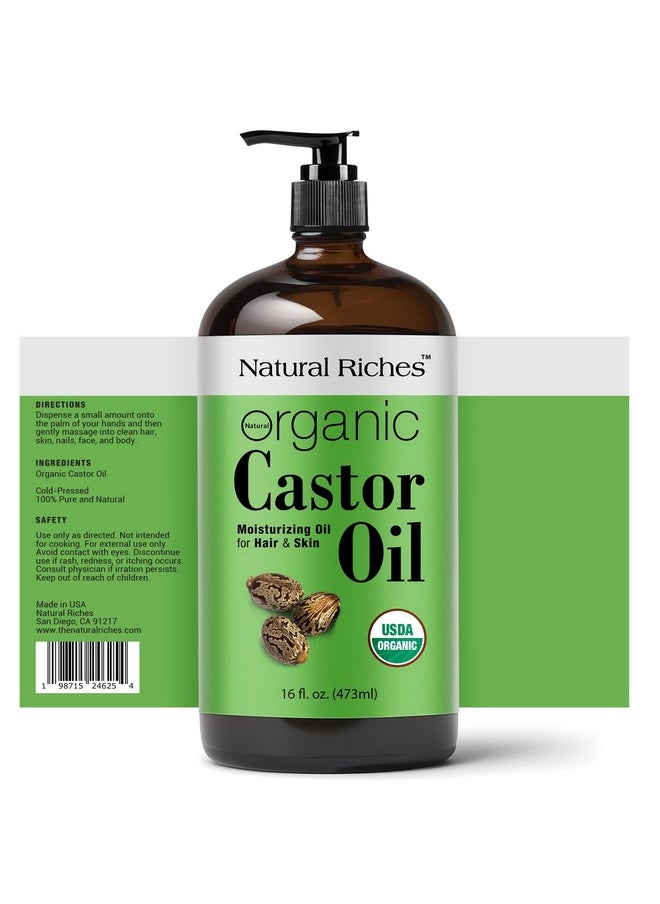 Natural Riches Organic Unrefined Castor Oil Cold pressed Glass Bottle USDA certified for Dry Skin Hair Loss Dandruff Thicker Hair - Moisturizes heals Scalp Skin Thicker Eyelashes Eyebrows 16 fl oz