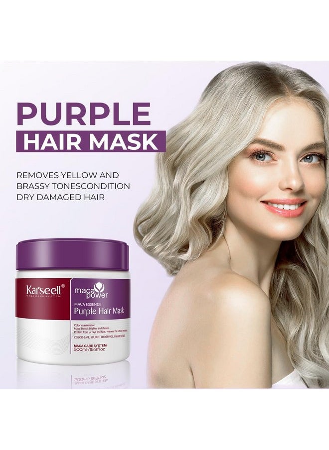 Karseell maca power Purple Hair Mask Professional Neutralizes Brass & Yellow Tones For Blonde Silver Gray Highlighted Hair 16.90 oz 500ml