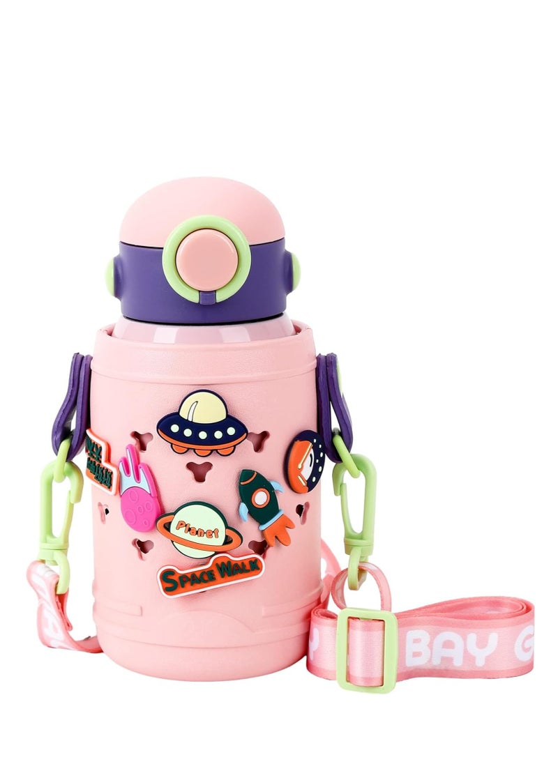 Stainless Steel Water Bottle with Straw Lid,500ml Vacuum Insulated Metal Water Bottle,Pink Space Reusable Double Walled Leak Proof Sports Water Bottle,Flask for Hot Cold Drinks,for Girls Boys Kids