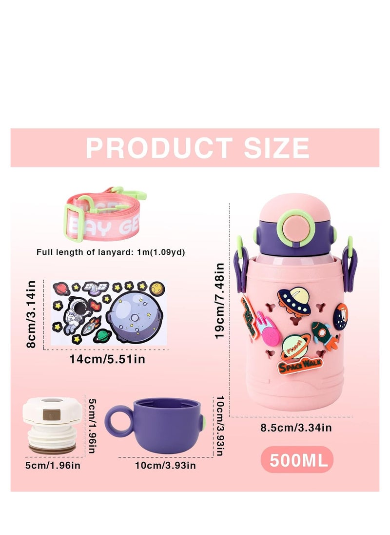 Stainless Steel Water Bottle with Straw Lid,500ml Vacuum Insulated Metal Water Bottle,Pink Space Reusable Double Walled Leak Proof Sports Water Bottle,Flask for Hot Cold Drinks,for Girls Boys Kids