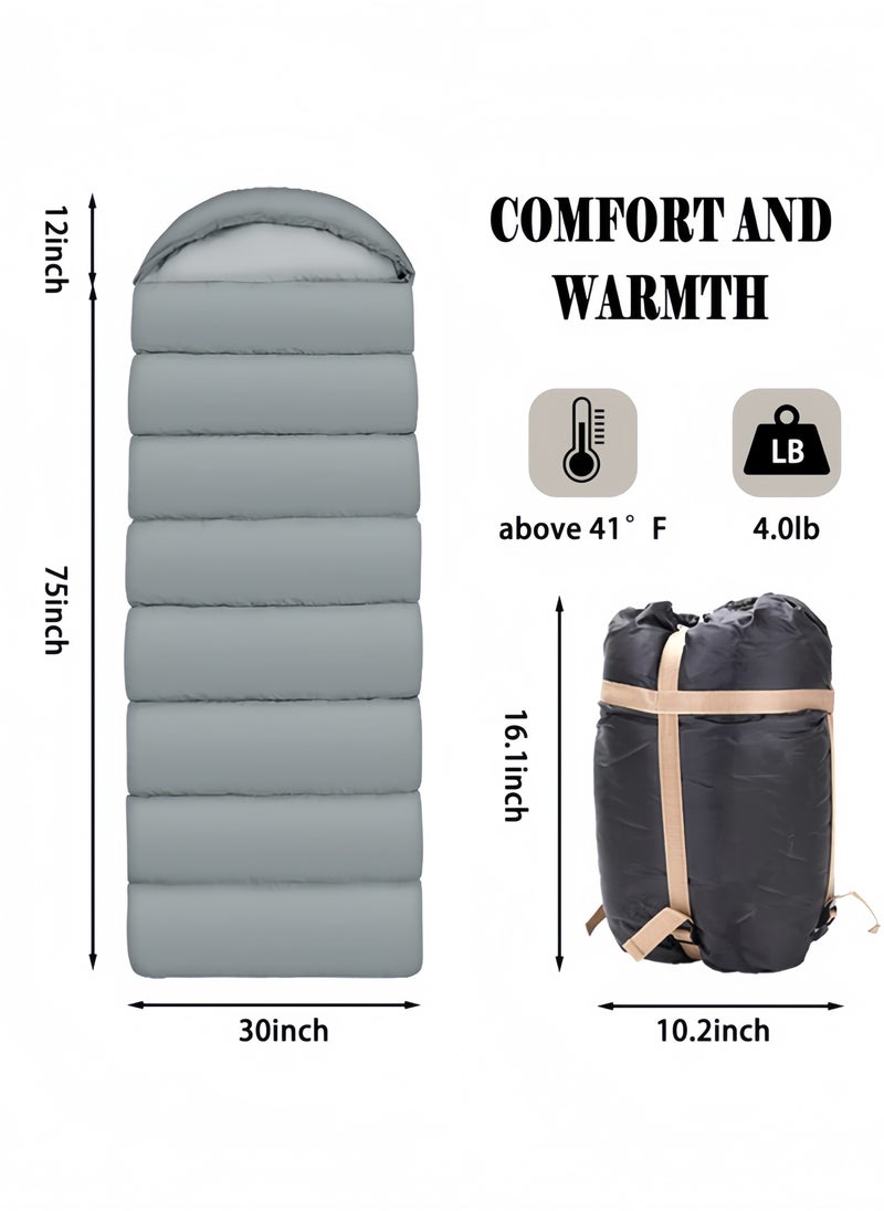 Single Camping Sleeping Bag 4 Seasons Warm Cold Weather Lightweight Sleeping Bag with Compression Sack for Adults(Grey,2.4KG)