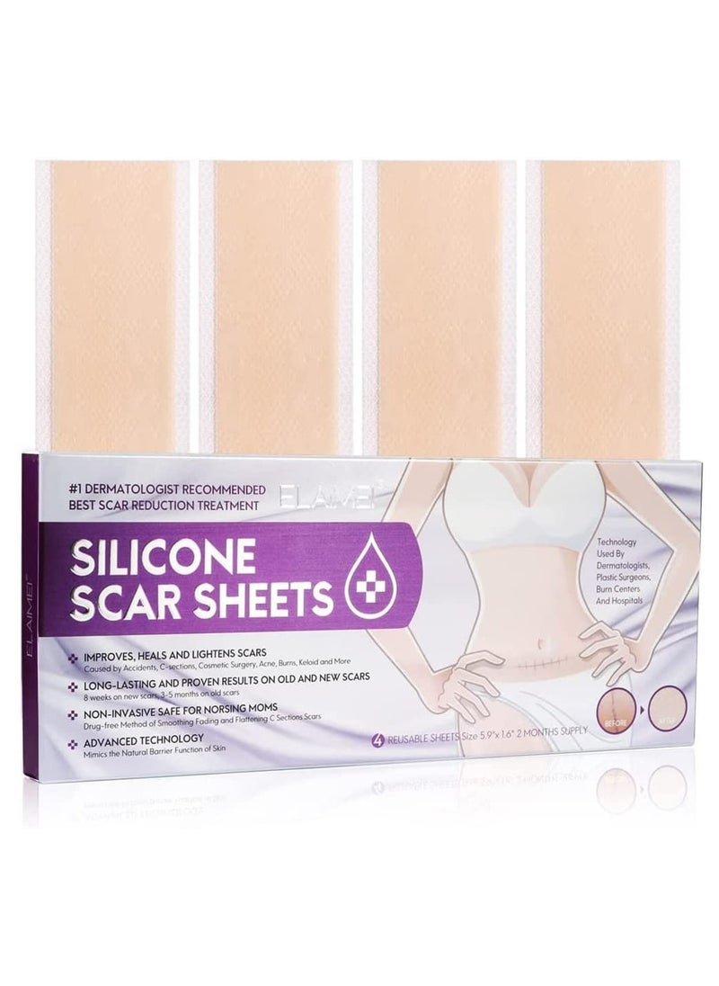 Silicone Scar Sheets & Strips, Keloid & C-Section Treatment for Men & Women, Reusable Burns Remover, Fast Results (Pack of 4 Pcs)