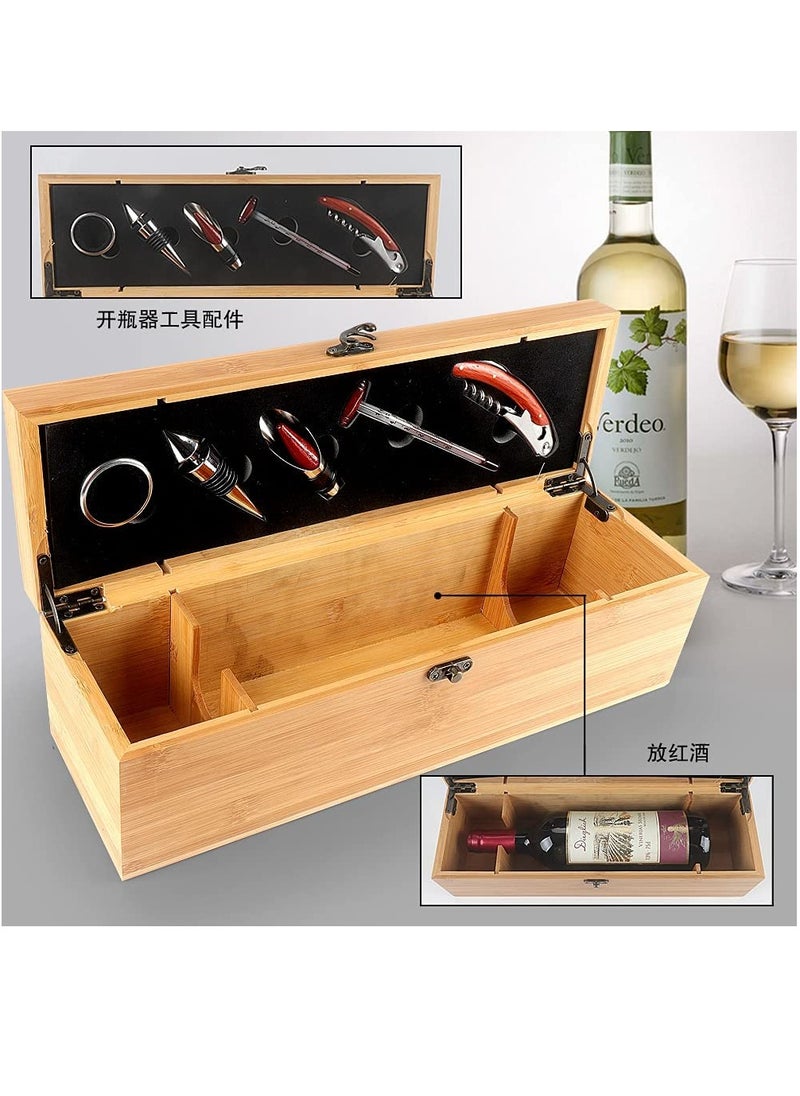 Wine Box with 5 Tools wood Bamboo Gift Set, elegantly, 1 Drip Ring 1 Corkscrew, 1 Wine Pourer and 1 Wine Stopper, Wood, Safe, store wine, quality material