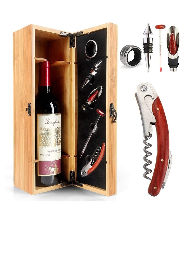 Wine Box with 5 Tools wood Bamboo Gift Set, elegantly, 1 Drip Ring 1 Corkscrew, 1 Wine Pourer and 1 Wine Stopper, Wood, Safe, store wine, quality material