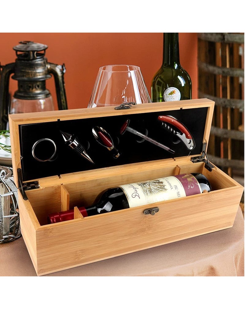 Wine Box with 5 Tools wood Bamboo Gift Set, elegantly, 1 Drip Ring 1 Corkscrew, 1 Wine Pourer and 1 Wine Stopper, Wood, Safe, store wine, quality material