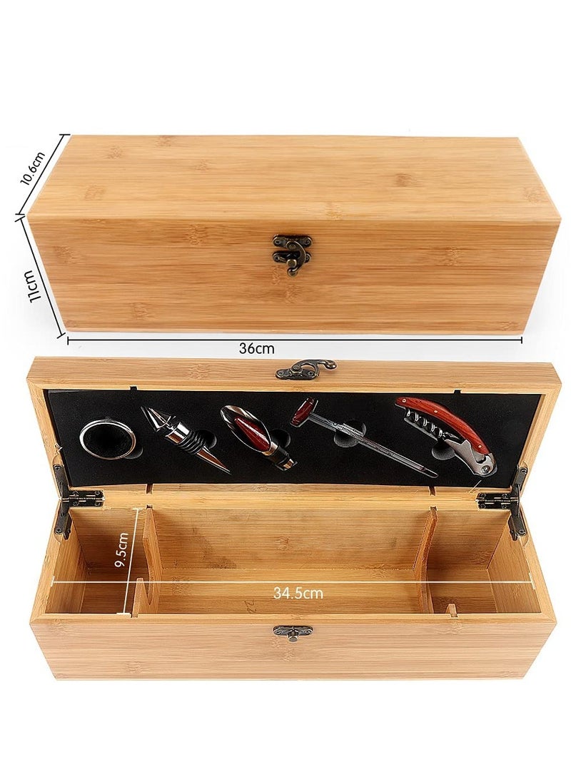 Wine Box with 5 Tools wood Bamboo Gift Set, elegantly, 1 Drip Ring 1 Corkscrew, 1 Wine Pourer and 1 Wine Stopper, Wood, Safe, store wine, quality material