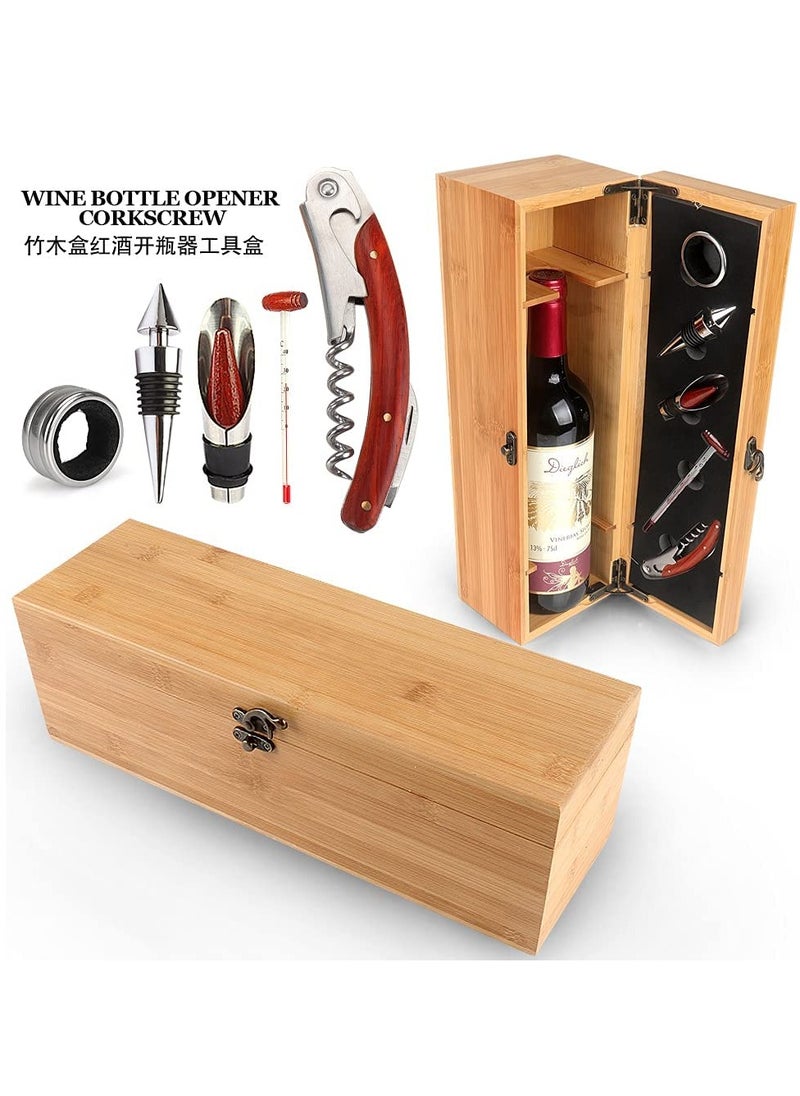 Wine Box with 5 Tools wood Bamboo Gift Set, elegantly, 1 Drip Ring 1 Corkscrew, 1 Wine Pourer and 1 Wine Stopper, Wood, Safe, store wine, quality material