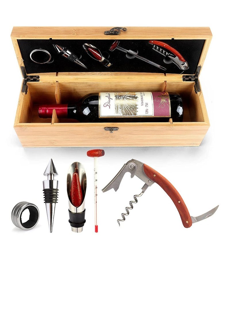 Wine Box with 5 Tools wood Bamboo Gift Set, elegantly, 1 Drip Ring 1 Corkscrew, 1 Wine Pourer and 1 Wine Stopper, Wood, Safe, store wine, quality material