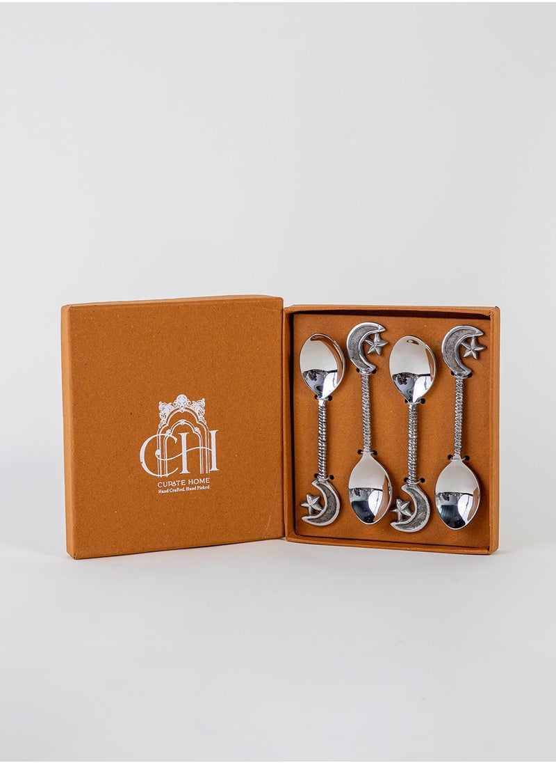 Star and Moon Dessert Spoons - Set of 4/Silver