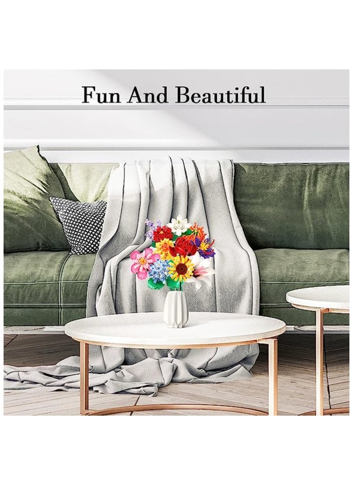 Flower Bouquet Building Block Kit, Artificial Flowers Building Toys Creative Project, DIY Vase Building Blocks Rose Sunflower Lavender for DIY Home Decoartion