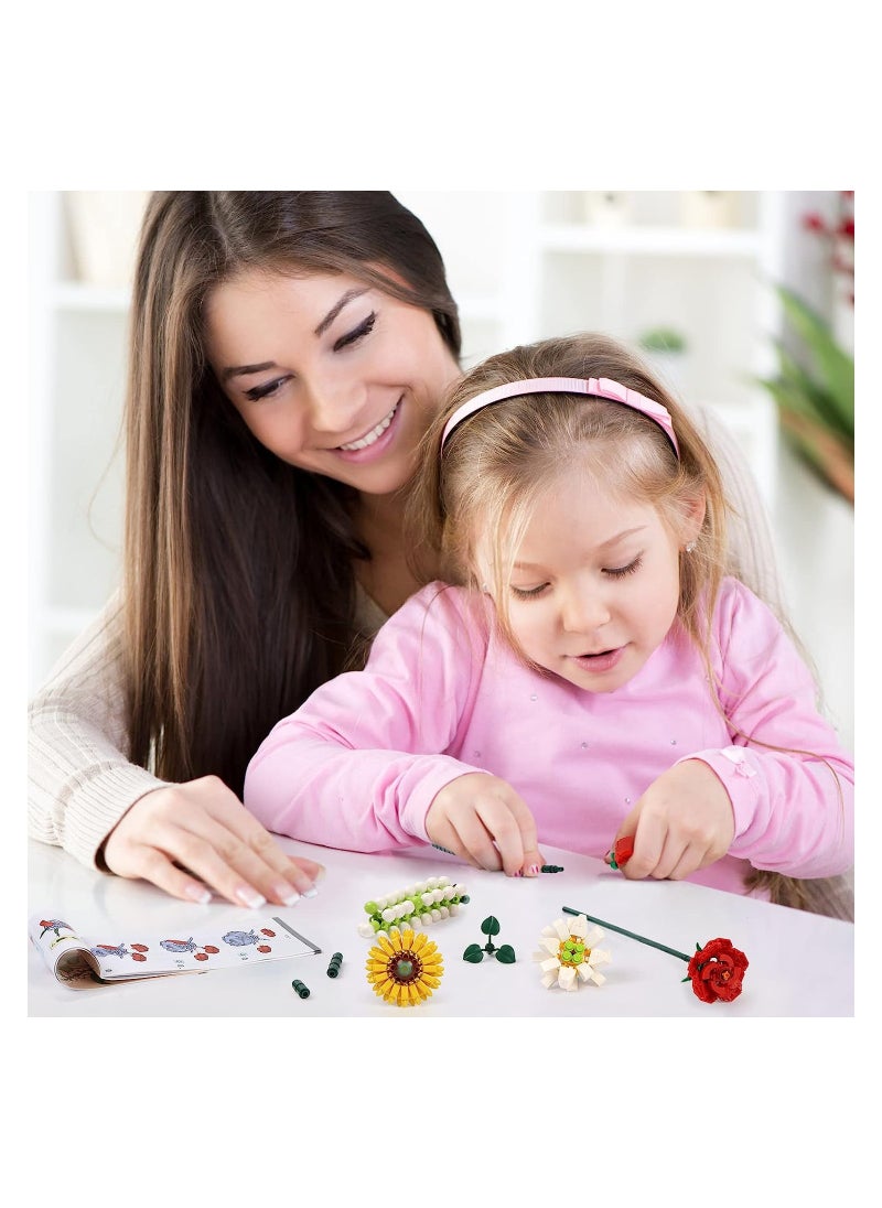 Flower Bouquet Building Block Kit, Artificial Flowers Building Toys Creative Project, DIY Vase Building Blocks Rose Sunflower Lavender for DIY Home Decoartion