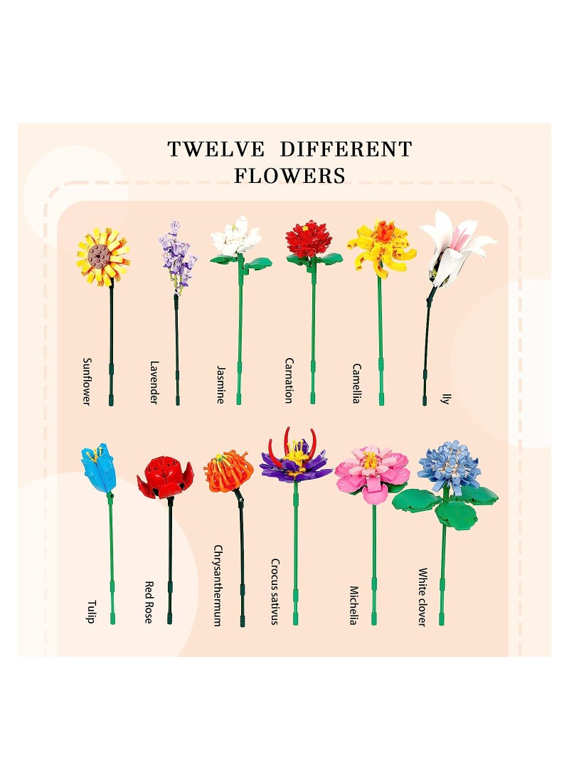 Flower Bouquet Building Block Kit, Artificial Flowers Building Toys Creative Project, DIY Vase Building Blocks Rose Sunflower Lavender for DIY Home Decoartion