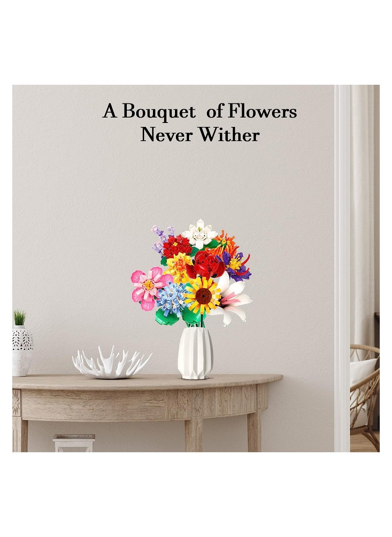 Flower Bouquet Building Block Kit, Artificial Flowers Building Toys Creative Project, DIY Vase Building Blocks Rose Sunflower Lavender for DIY Home Decoartion