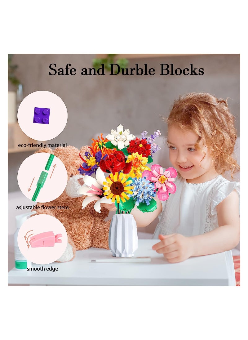 Flower Bouquet Building Block Kit, Artificial Flowers Building Toys Creative Project, DIY Vase Building Blocks Rose Sunflower Lavender for DIY Home Decoartion