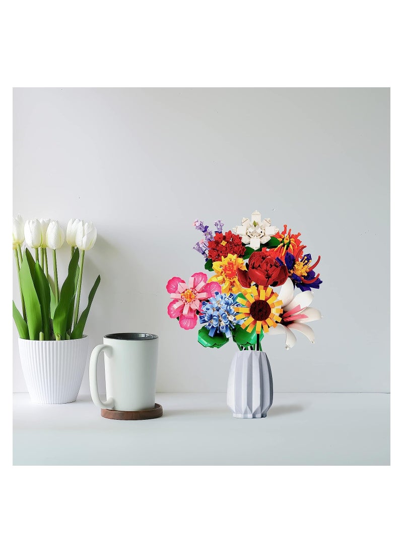 Flower Bouquet Building Block Kit, Artificial Flowers Building Toys Creative Project, DIY Vase Building Blocks Rose Sunflower Lavender for DIY Home Decoartion