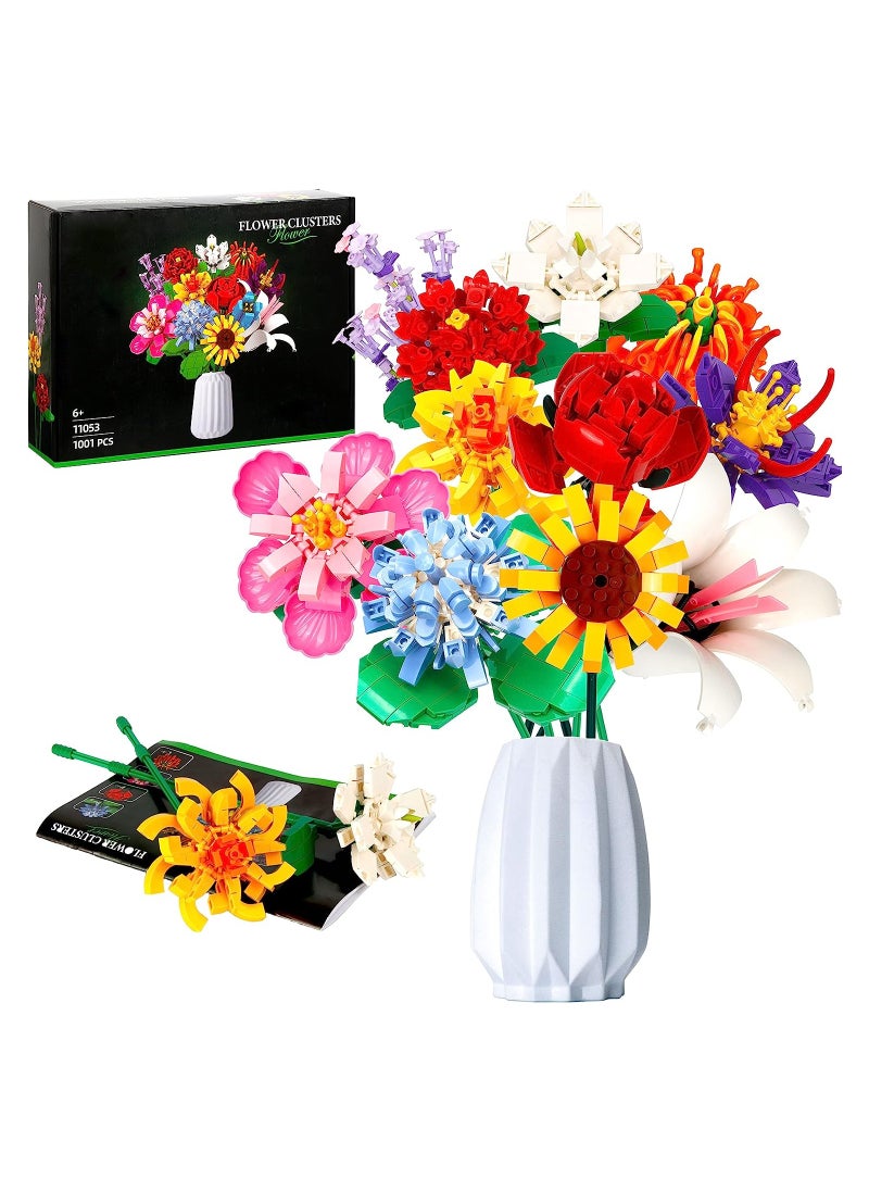 Flower Bouquet Building Block Kit, Artificial Flowers Building Toys Creative Project, DIY Vase Building Blocks Rose Sunflower Lavender for DIY Home Decoartion