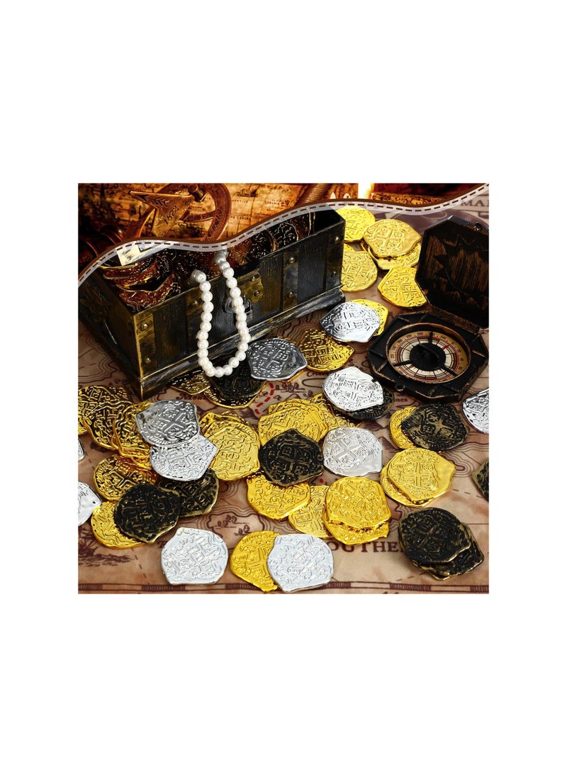 300 Pcs Pirate Gold Coins, Plastic Doubloon Bulk Kids Fake Play, For Party Treasure Chest Games Tokens Toys, Box Filler, Party Bag Stuffers Or Stage Performance Props, Gold, Silver, Bronze (Irregular)