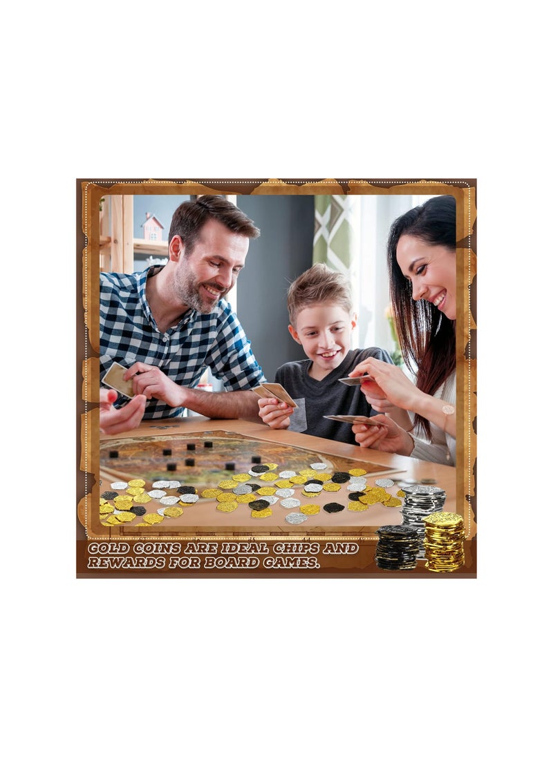 300 Pcs Pirate Gold Coins - Plastic Doubloons for Kids' Play, Treasure Chest Games, Party Bag Stuffers, Stage Props in Gold, Silver, and Bronze (Irregular)