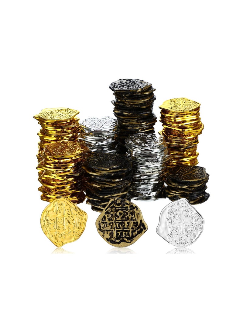 300 Pcs Pirate Gold Coins, Plastic Doubloon Bulk Kids Fake Play, For Party Treasure Chest Games Tokens Toys, Box Filler, Party Bag Stuffers Or Stage Performance Props, Gold, Silver, Bronze (Irregular)