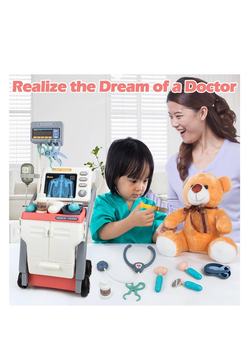 Kids Medical Cart Playset - Toy Doctor Kit with Realistic Sounds, Mobile Medical Station for Pretend Play, Perfect Gift for Toddlers 3-5, Ideal for Boys and Girls (Pink)