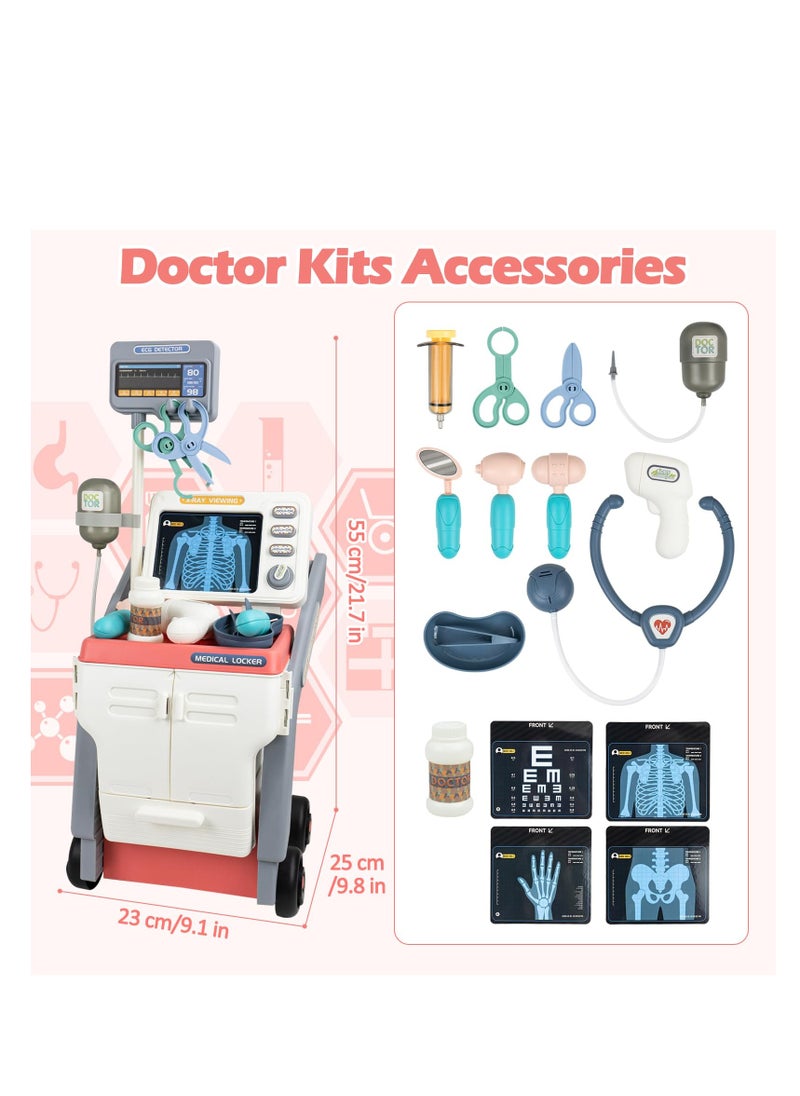 Kids Medical Cart Playset - Toy Doctor Kit with Realistic Sounds, Mobile Medical Station for Pretend Play, Perfect Gift for Toddlers 3-5, Ideal for Boys and Girls (Pink)