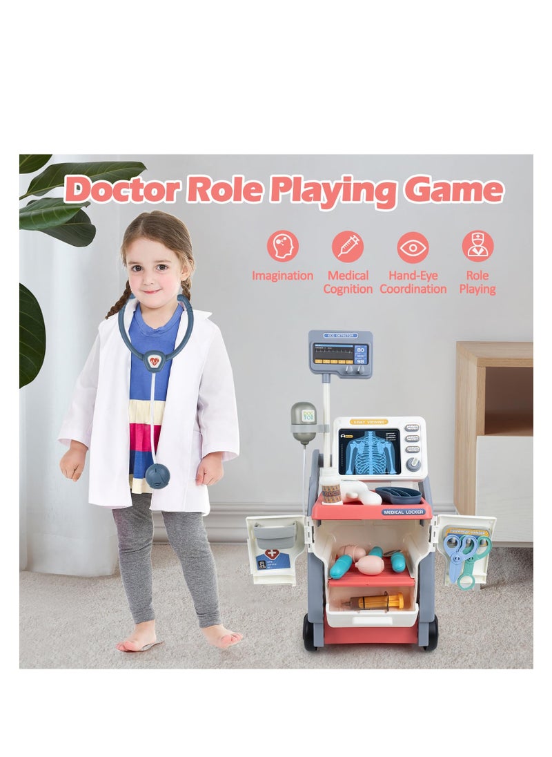Kids Medical Cart Playset - Toy Doctor Kit with Realistic Sounds, Mobile Medical Station for Pretend Play, Perfect Gift for Toddlers 3-5, Ideal for Boys and Girls (Pink)