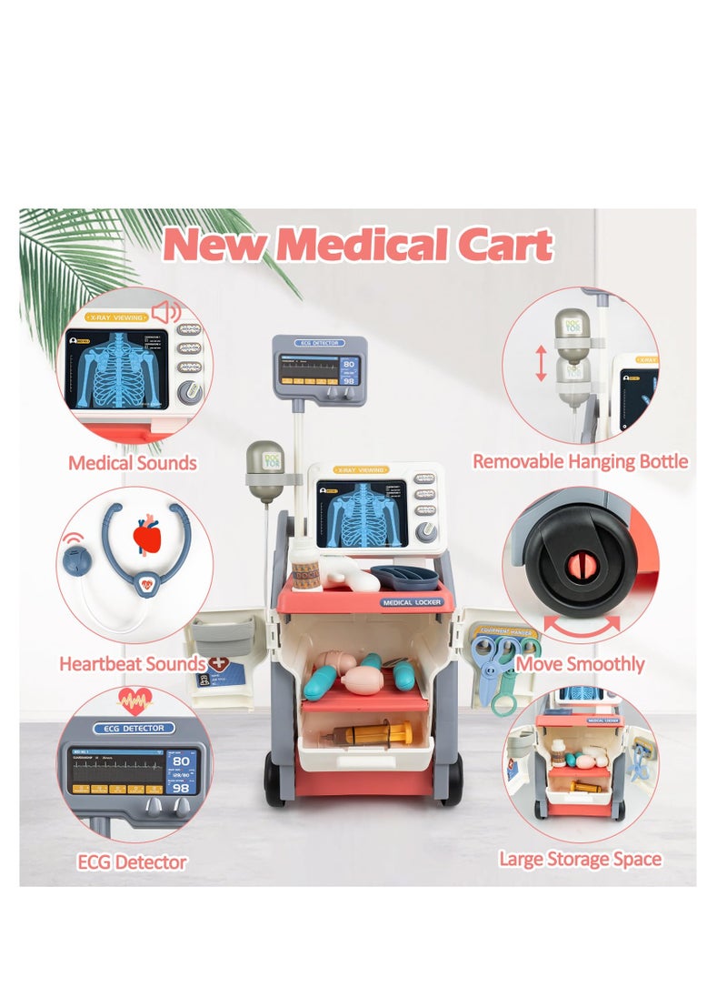 Kids Medical Cart Playset - Toy Doctor Kit with Realistic Sounds, Mobile Medical Station for Pretend Play, Perfect Gift for Toddlers 3-5, Ideal for Boys and Girls (Pink)
