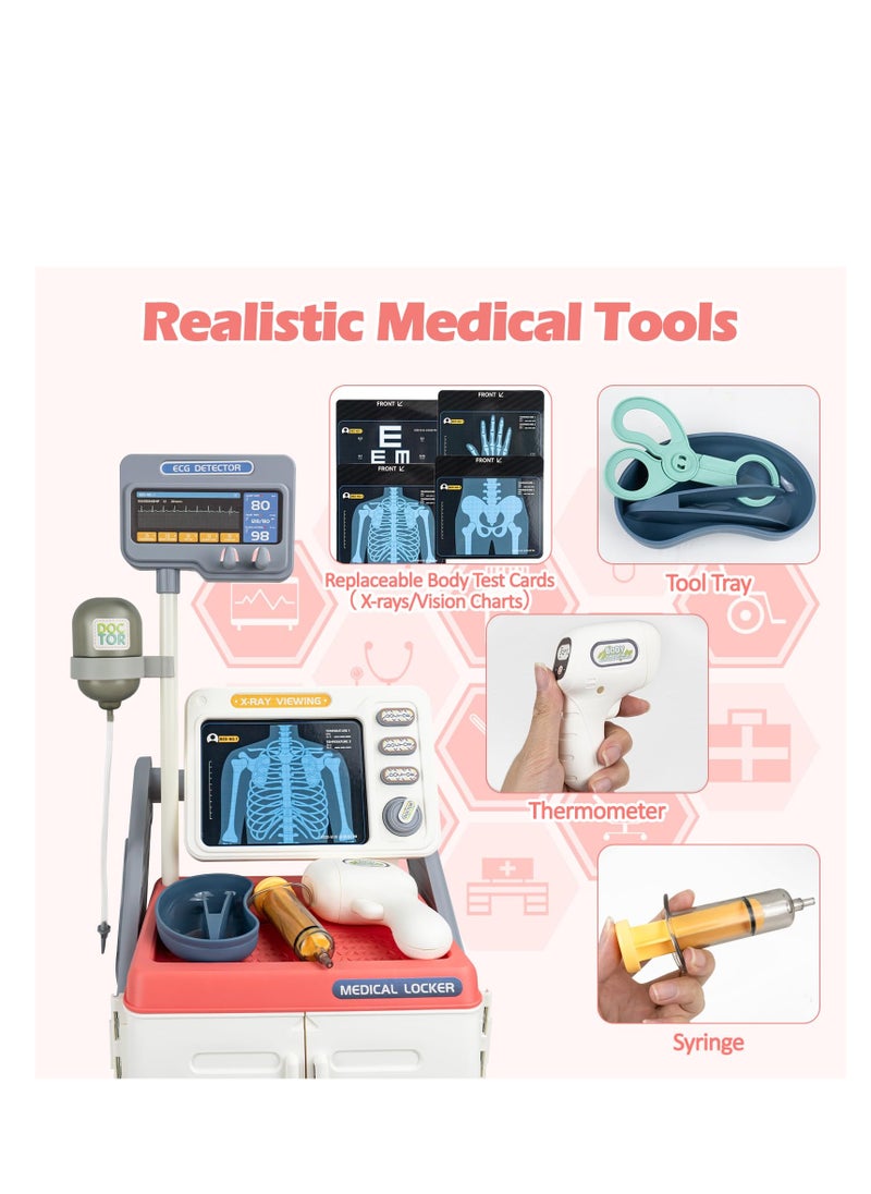 Kids Medical Cart Playset - Toy Doctor Kit with Realistic Sounds, Mobile Medical Station for Pretend Play, Perfect Gift for Toddlers 3-5, Ideal for Boys and Girls (Pink)