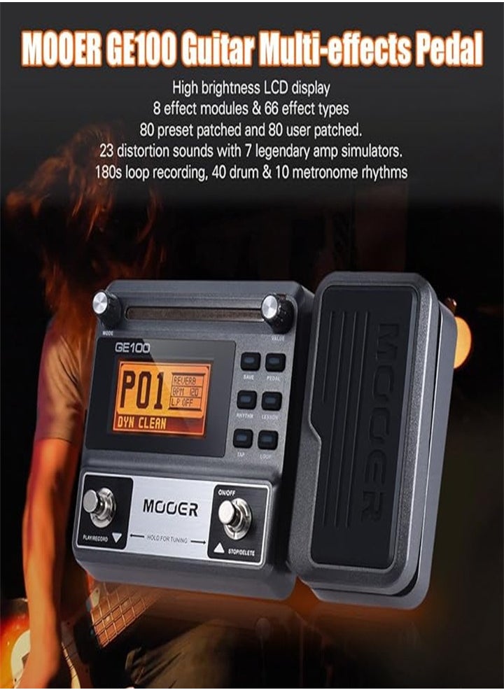 Multi-effects guitar pedal with 80 presets, 66 effects, looping (180 seconds) and expression volume pedal, headphone output